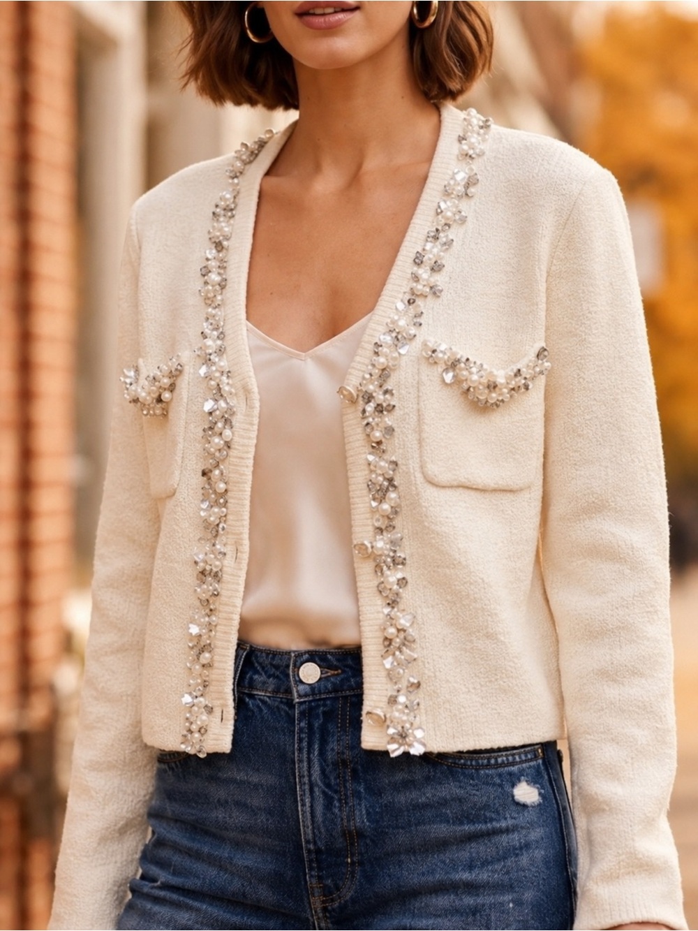 Endless Rose Cream Sequin-Trim Cropped Cardigan S
